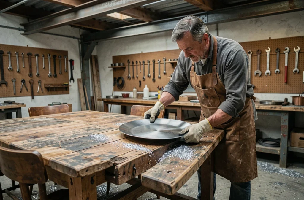 Artisan positionant une plaque de fer brossée sur une table en chêne massif dans un atelier de fabrication industrielle