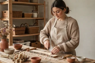 Femme en tablier de lin réalisant un atelier DIY dans un studio au style hygge avec outils et matériaux naturels