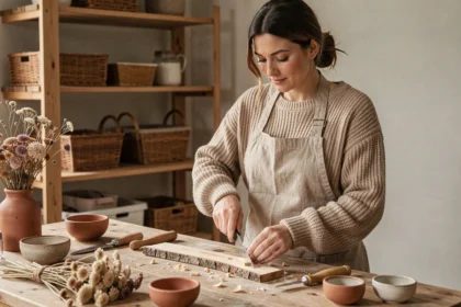 Femme en tablier de lin réalisant un atelier DIY dans un studio au style hygge avec outils et matériaux naturels