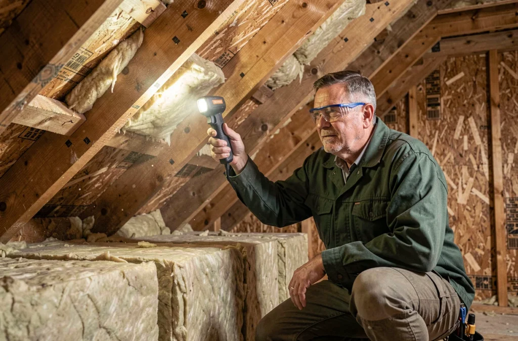Technicien mesurant l'isolation thermique dans les combles d'une maison lors d'un audit énergétique professionnel
