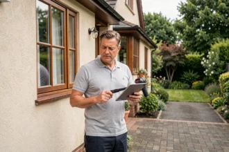 Auditeur énergétique inspectant la façade d'une maison individuelle avec une caméra thermique lors d'un audit énergétique