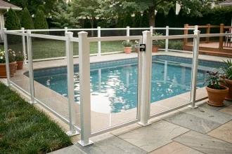 Barrière de sécurité en aluminium autour d'une piscine résidentielle avec portillon à fermeture automatique