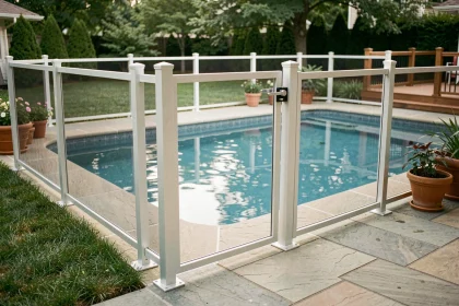 Barrière de sécurité en aluminium autour d'une piscine résidentielle avec portillon à fermeture automatique