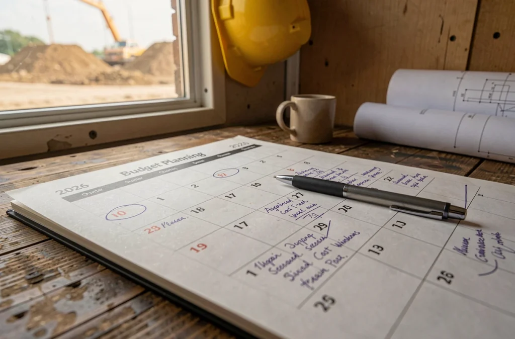Calendrier de planification budgétaire annoté pour les créneaux de prix favorables de l'enrobé en 2026