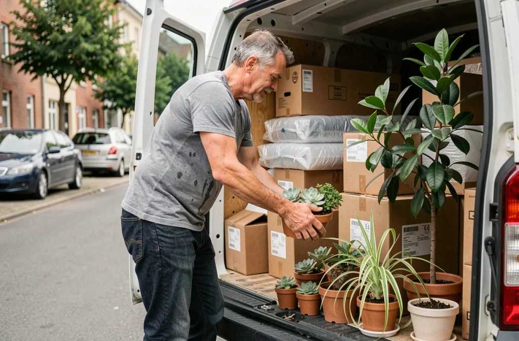 Homme chargeant des plantes en pots dans le coffre d'un camion de déménagement dans une rue résidentielle