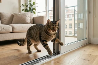 Chat tabby franchissant une chatière amovible installée sur une porte-fenêtre coulissante sans perçage dans un appartement moderne