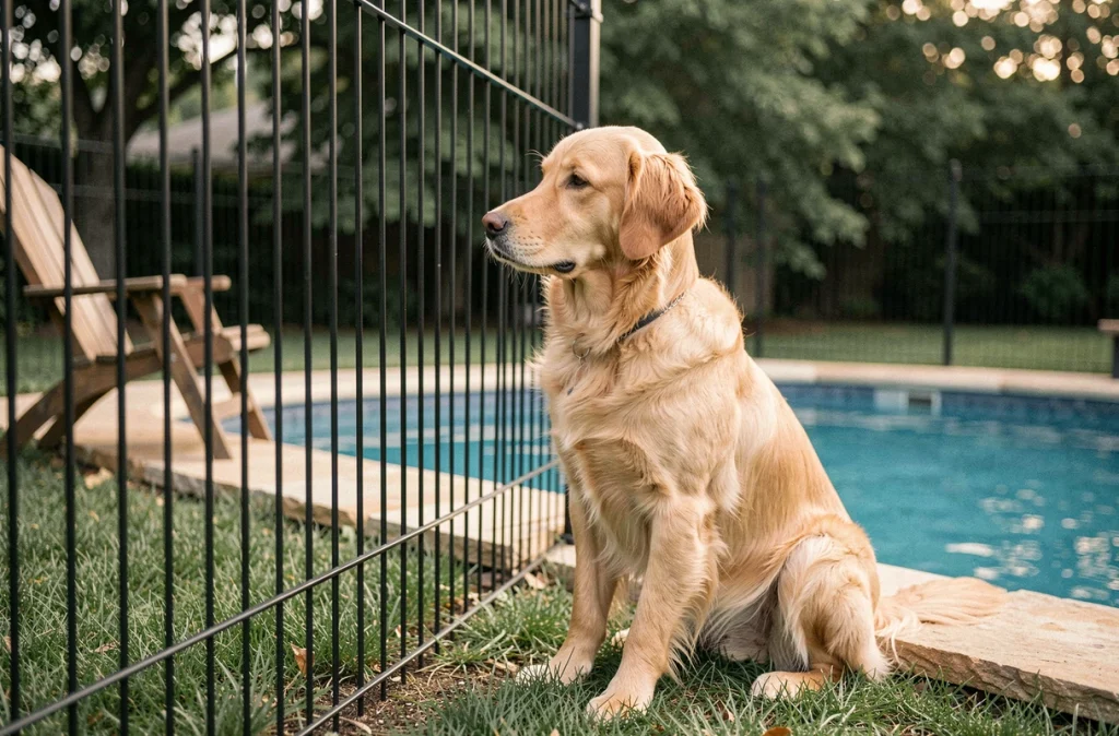 Chien golden retriever assis derrière une barrière de piscine sécurisée dans un jardin résidentiel