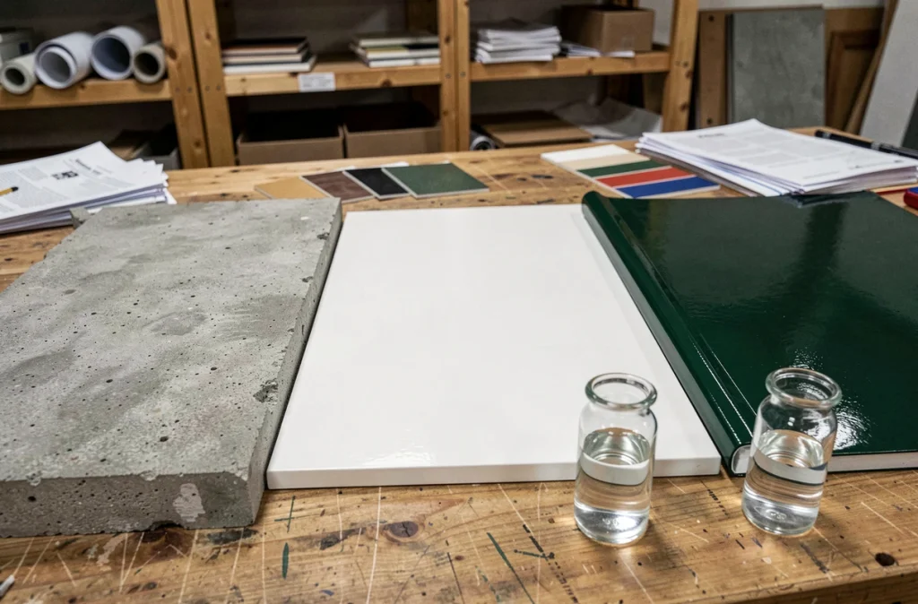 Comparaison de trois revêtements de piscine — béton, époxy et liner PVC — avec des échantillons d'eau illustrant leur impact sur la qualité de l'eau