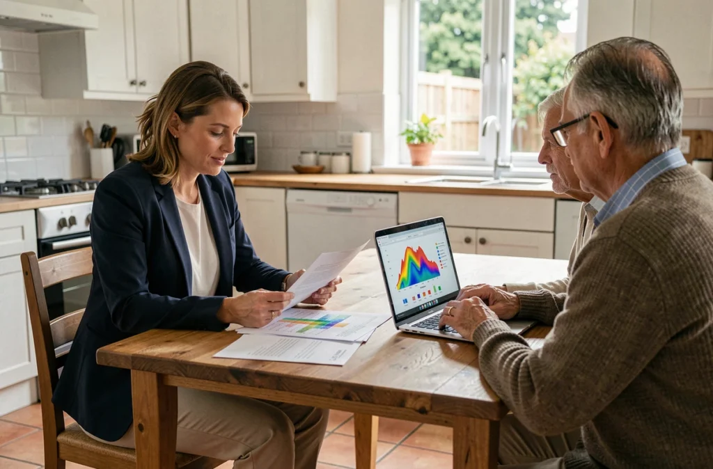 Conseillère en rénovation énergétique présentant les résultats d'un audit énergétique à un couple de propriétaires dans une cuisine