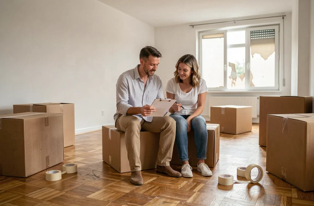 Couple vérifiant une liste de démarches administratives entouré de cartons dans un appartement vide lors d'un déménagement