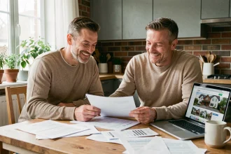 Couple de propriétaires consultant des documents de rénovation énergétique sur agorenovation.fr pour réaliser des économies à domicile
