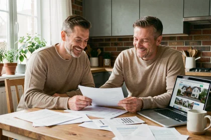 Couple de propriétaires consultant des documents de rénovation énergétique sur agorenovation.fr pour réaliser des économies à domicile
