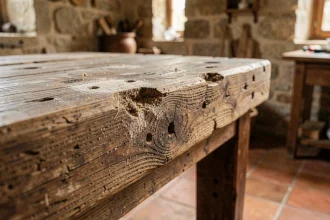 Gros plan sur un bois de charpente endommagé par la mite du bois avec trous de sortie et sciure caractéristique