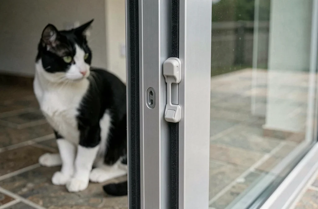 Détail du système de fixation amovible d'une chatière sur porte-fenêtre coulissante sans perçage ni vissage