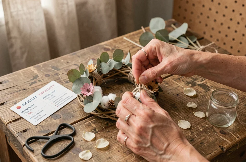 Gros plan de mains féminines assemblant une couronne décorative lors d'un atelier DIY hygge avec fiche de tarifs et niveau de difficulté