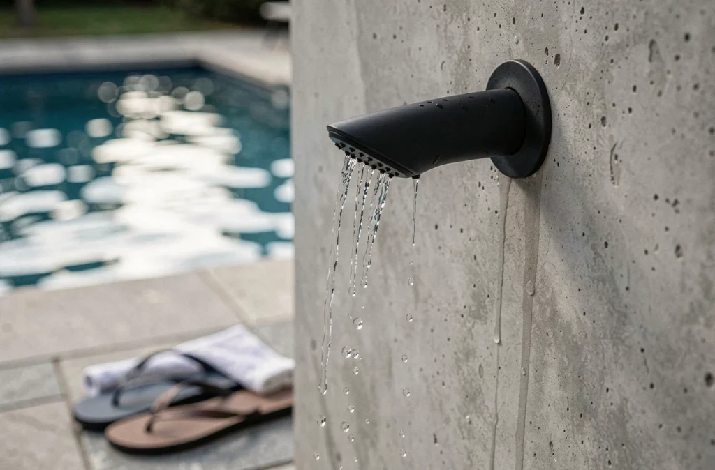 Gros plan sur une pomme de douche extérieure noire mate fixée à un mur en béton au bord d'une piscine avec eau ruisselante sur le sol en pierre