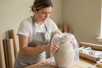 Femme emballant un vase en céramique avec du papier bulle pour protéger un objet fragile lors d'un déménagement