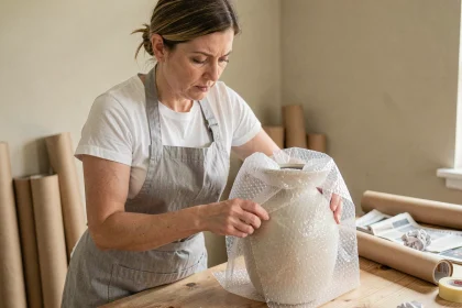 Femme emballant un vase en céramique avec du papier bulle pour protéger un objet fragile lors d'un déménagement