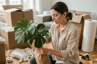 Femme emballant une grande plante monstera dans du papier kraft lors d'un déménagement dans un appartement