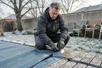 Homme entretenant la bâche de sa piscine en hiver dans un jardin résidentiel