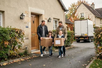 Famille déménageant dans une nouvelle maison en province, parents et enfants portant des cartons devant l'entrée d'un pavillon avec jardin en automne