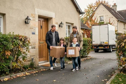 Famille déménageant dans une nouvelle maison en province, parents et enfants portant des cartons devant l'entrée d'un pavillon avec jardin en automne
