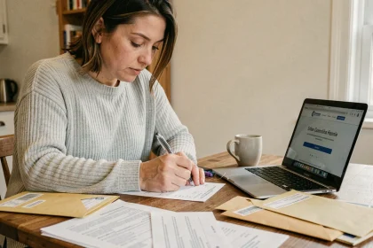 Femme remplissant des formulaires administratifs pour un changement d'adresse à son bureau à domicile