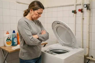 Femme frustrée devant un lave-linge en panne dans une buanderie d'appartement