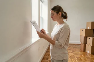 Femme inspectant les murs d'un appartement vide avec une liste de contrôle lors d'un état des lieux de déménagement