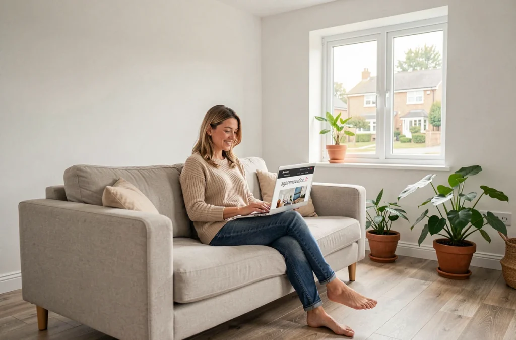 Femme satisfaite naviguant sur agorenovation.fr depuis son salon rénové pour optimiser son budget travaux sans sacrifier le confort
