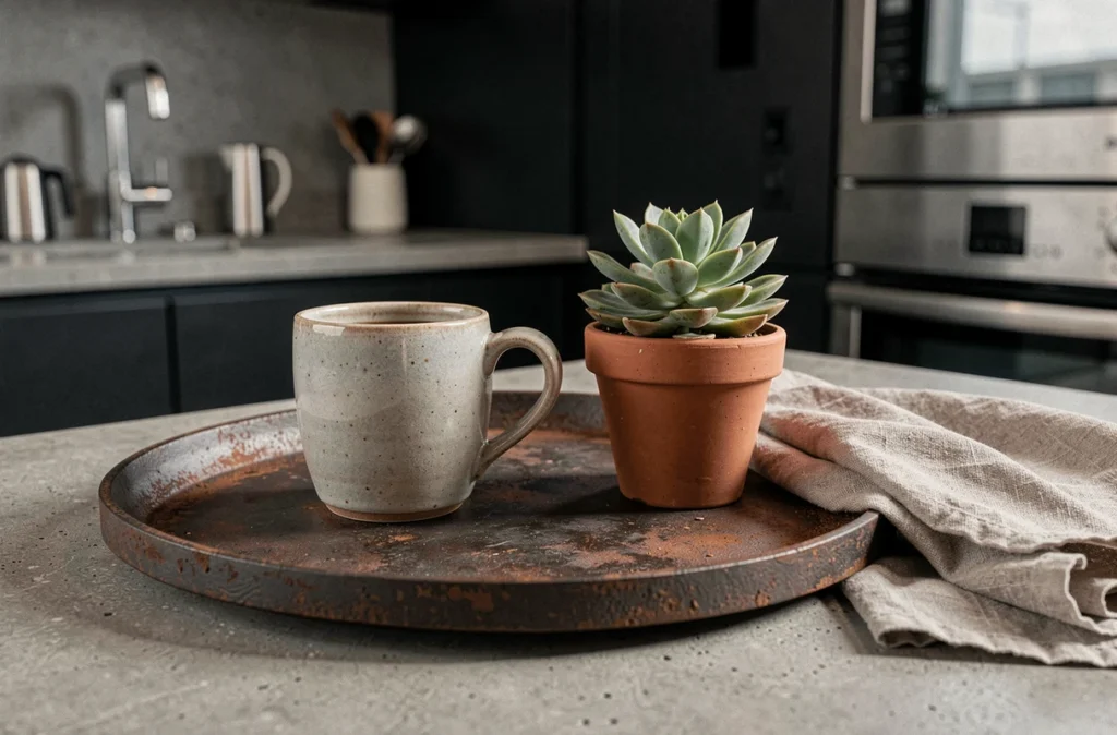 Plateau décoratif en fer patiné stylisé sur un plan de travail en béton avec accessoires design dans une cuisine urbaine