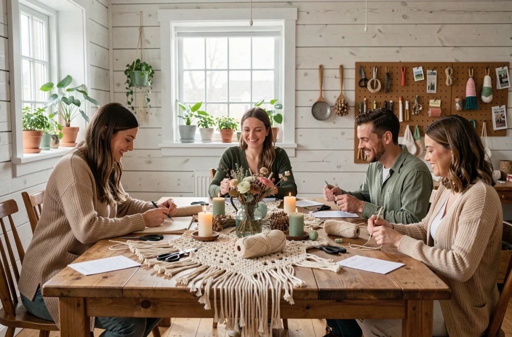 Groupe d'adultes participant à un atelier DIY hygge autour d'une grande table avec matériaux de macramé et fleurs séchées