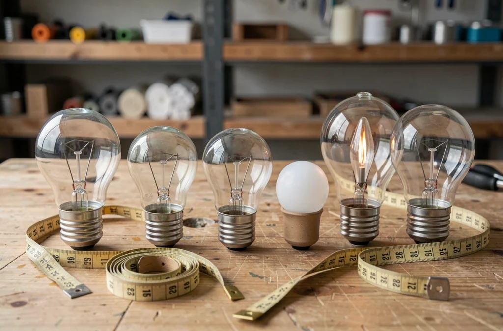 Différentes tailles d'ampoules E14 E27 G9 et GU10 posées sur un établi avec un mètre ruban pour guide d'achat