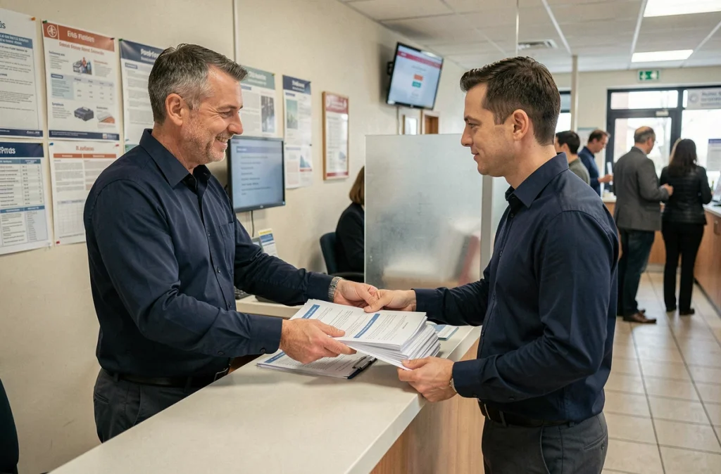 Homme déposant des documents administratifs au guichet de La Poste pour signaler un changement d'adresse