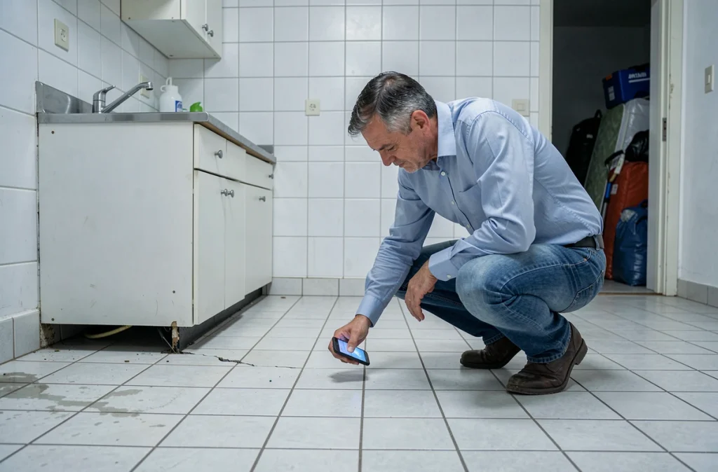 Homme photographiant une fissure sur le carrelage d'une cuisine lors d'un état des lieux de déménagement