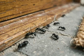 Gros plan macro d'insectes noirs traversant le seuil en bois d'une maison en été, illustrant une invasion domestique