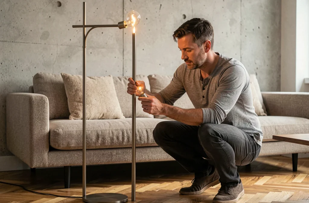 Homme installant une petite ampoule E14 dans un lampadaire étroit dans un salon contemporain