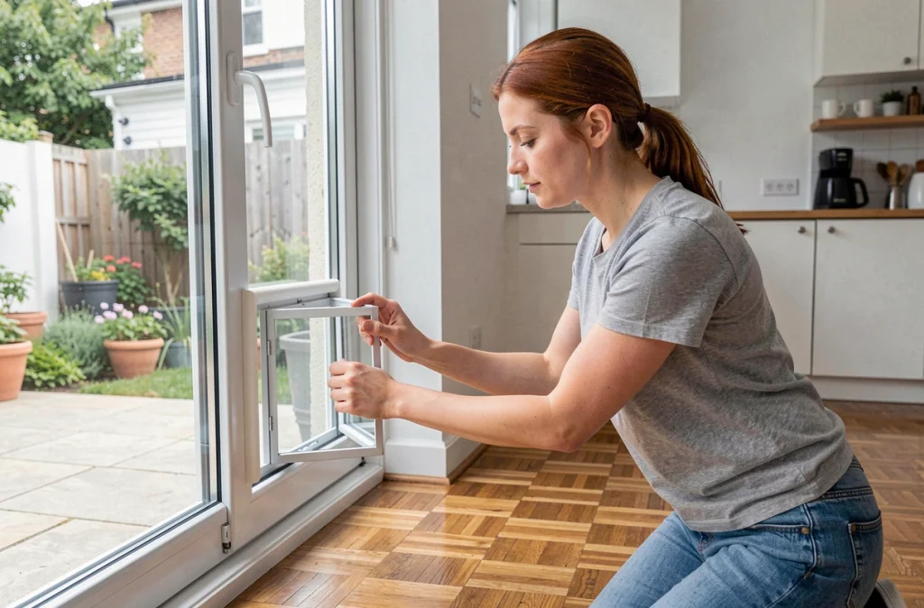 Femme installant une chatière amovible sans perçage sur une porte-fenêtre dans un appartement en location
