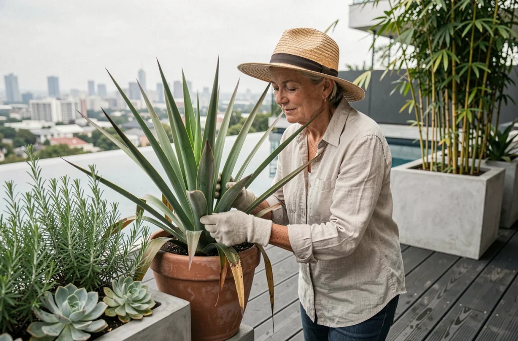 Femme jardinière installant un phormium en pot au bord d'une piscine à débordement avec des plantations méditerranéennes modernes