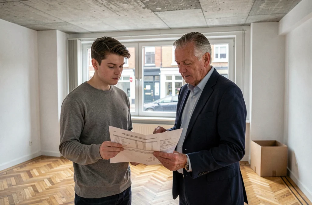 Locataire et agent immobilier examinant ensemble le document d'état des lieux dans un appartement vide