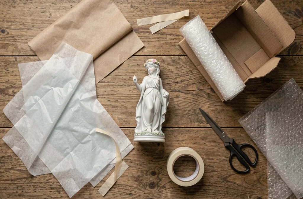 Vue de dessus d'une table avec matériaux d'emballage autour d'une figurine en porcelaine fragile prête à être protégée pour un déménagement