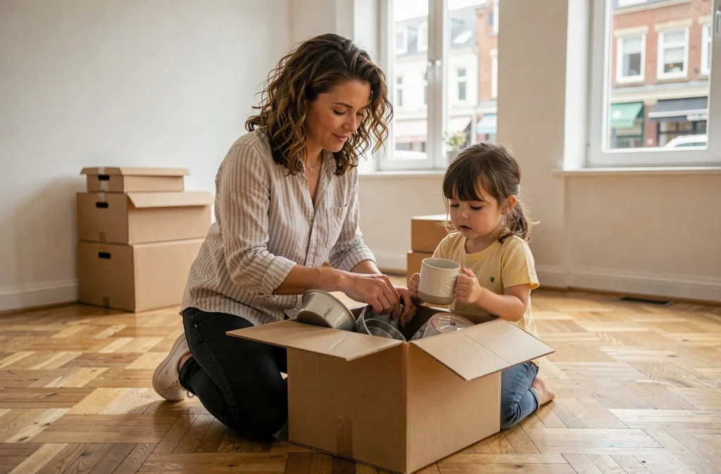 Mère et sa fille déballant des cartons dans un appartement vide lors d'un emménagement dans une nouvelle ville, sol en parquet et murs blancs