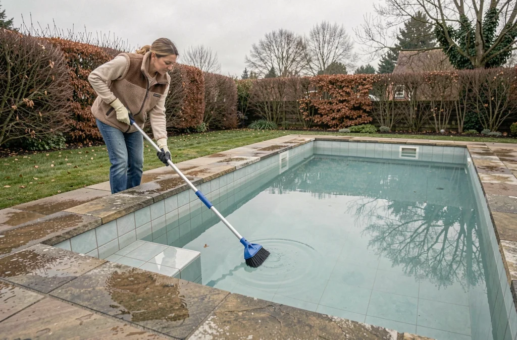 Femme nettoyant les parois d'une piscine extérieure lors de l'hivernage
