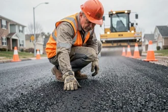 Ouvrier de voirie inspectant une surface d'enrobé bitumineux fraîchement posé sur une route urbaine en 2026
