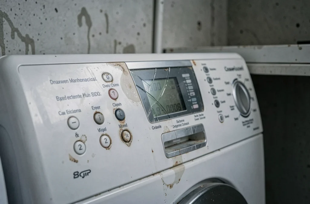 Tableau de bord d'un lave-linge défectueux affichant un code erreur avec touches usées
