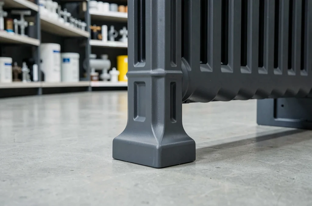 Pied de radiateur en fonte neuf avec finition grise dans un showroom de plomberie
