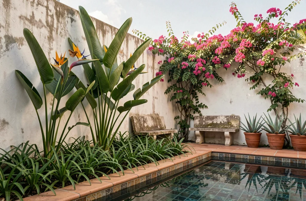 Coin de piscine tropicale avec cannas, strelitzia et bougainvillée sur mur blanchi, bordure de gazon mondo et carrelage mosaïque