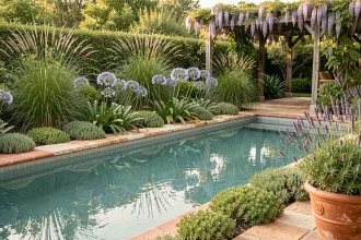 Jardin méditerranéen autour d'une piscine avec agapanthus, graminées ornementales et lavande en pot sur carrelage en terre cuite