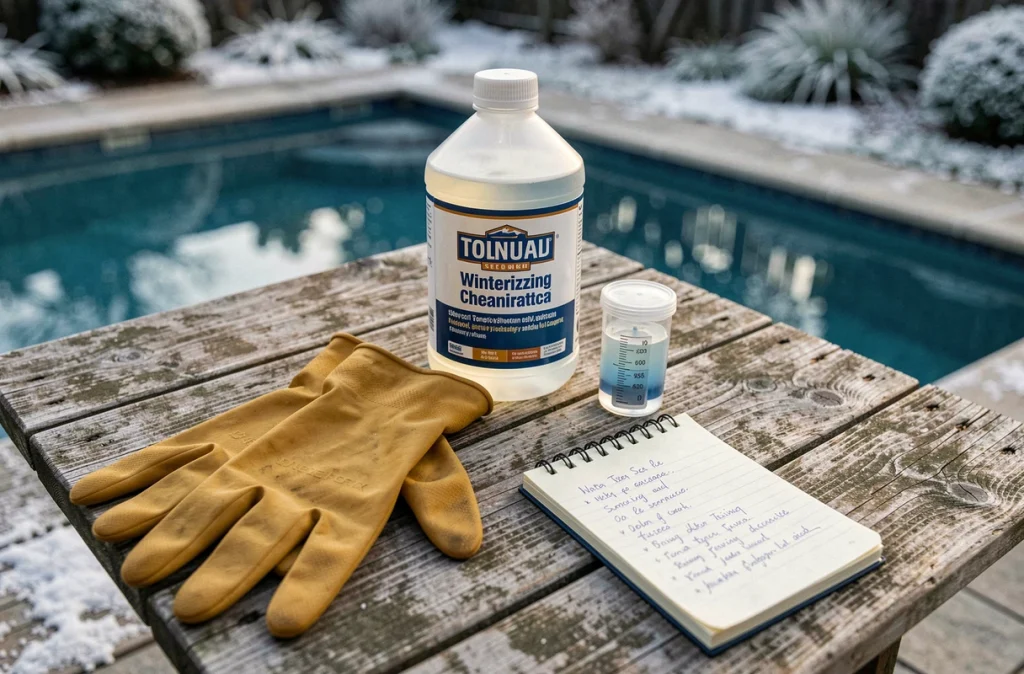 Produits chimiques et matériel pour l'hivernage d'une piscine posés sur une table de jardin