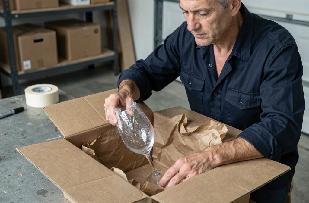Homme plaçant un verre à vin emballé dans un carton de déménagement rembourré avec du papier kraft pour éviter la casse